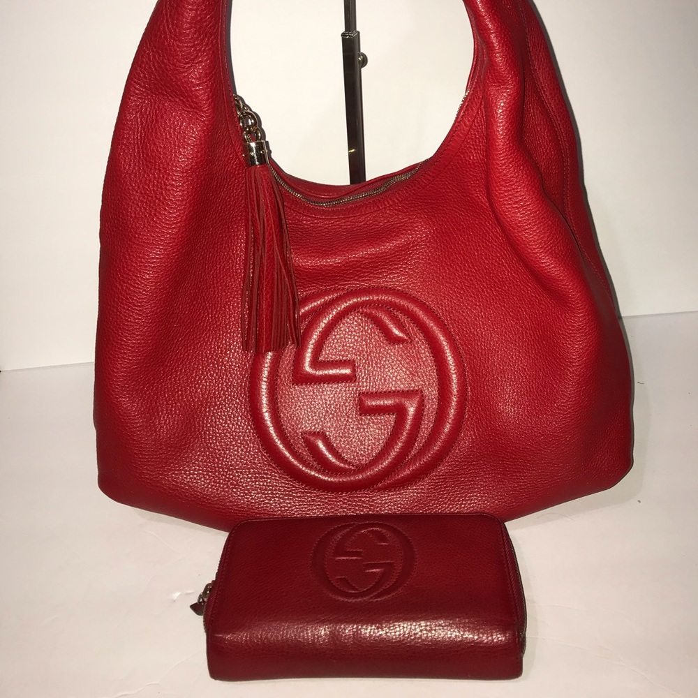 Red Leather Hobo Bag with Signature Embossed Logo - Picture 3 of 14